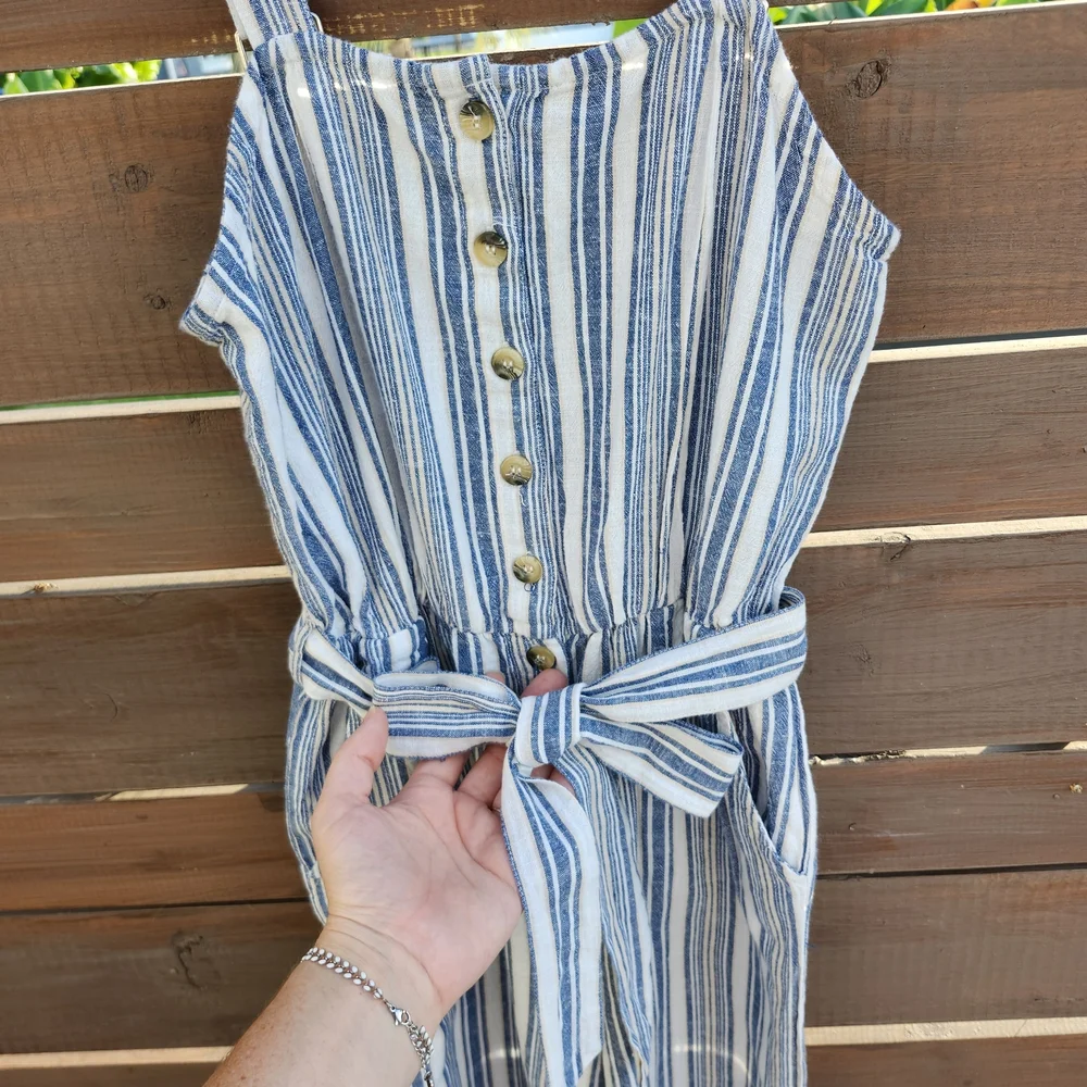 Deja Bleu Striped Blue and White‎ Jumpsuit Casual Summer Linen Blend Size Small
